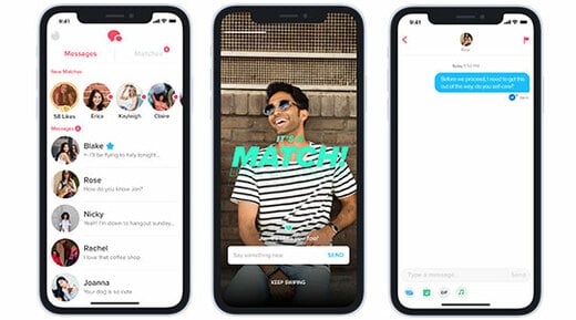 Tinder dating app message and match pages open on three smartphones